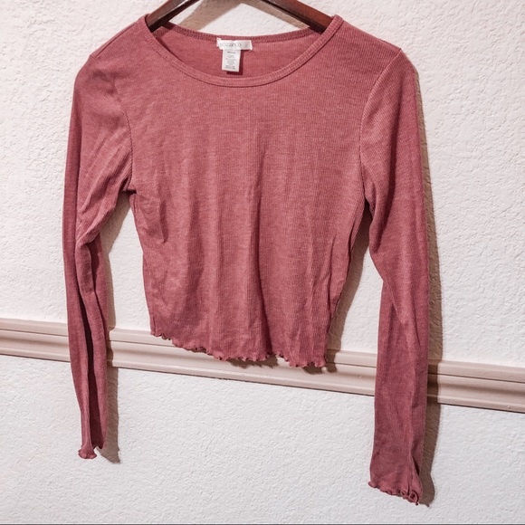Dusty Rose Ribbed Long Sleeve Crop Top - Picture 1 of 3
